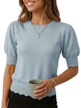 Women's Light Blue Short Sleeve Crew Neck Pull On Imported Casual Sweater